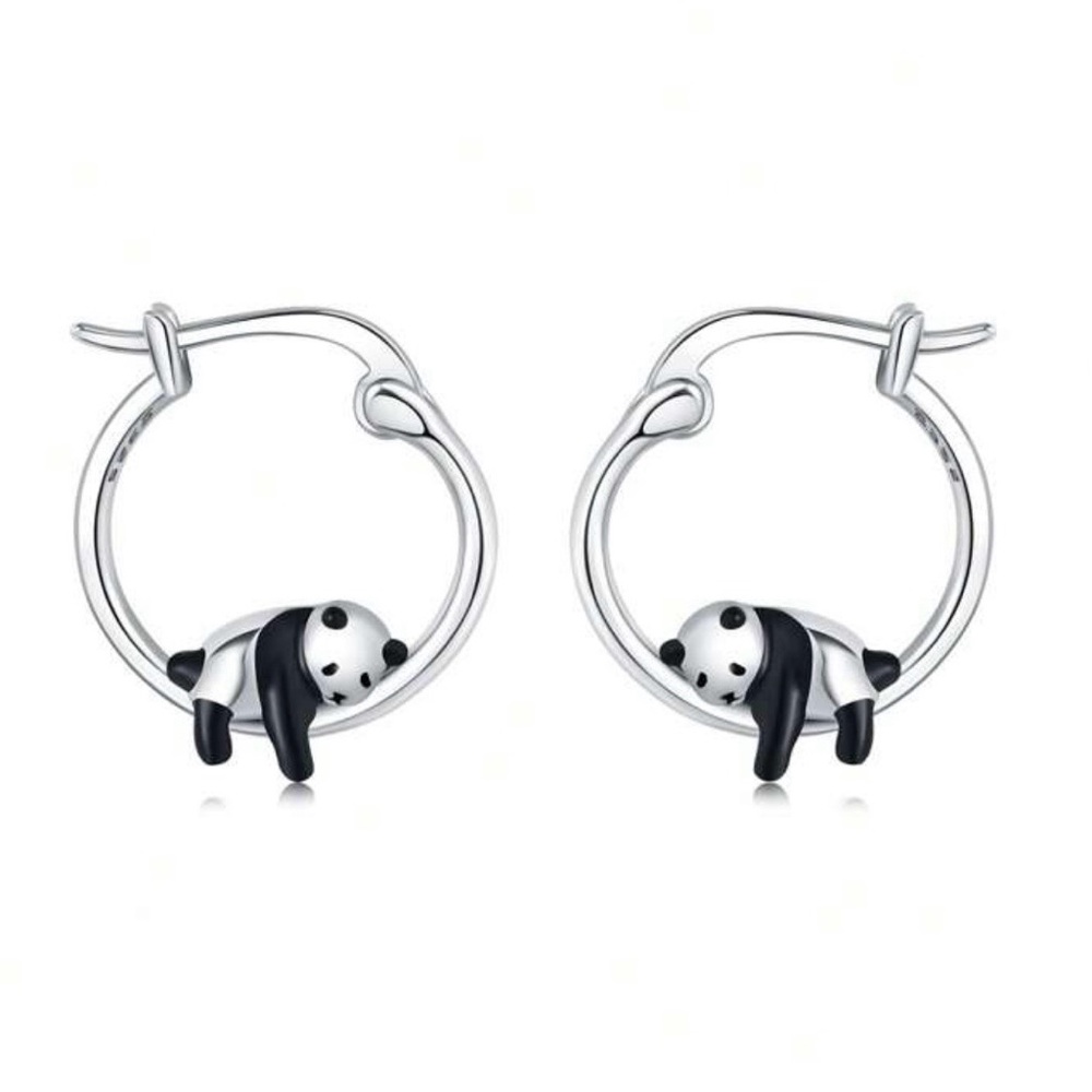 New Sterling silver S925 Panda Hoop Earrings in Black and Silver